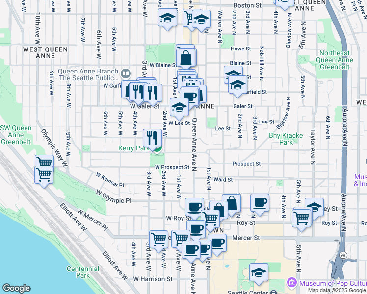 map of restaurants, bars, coffee shops, grocery stores, and more near 105 West Highland Drive in Seattle