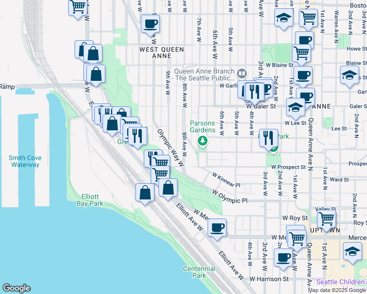 map of restaurants, bars, coffee shops, grocery stores, and more near in Seattle