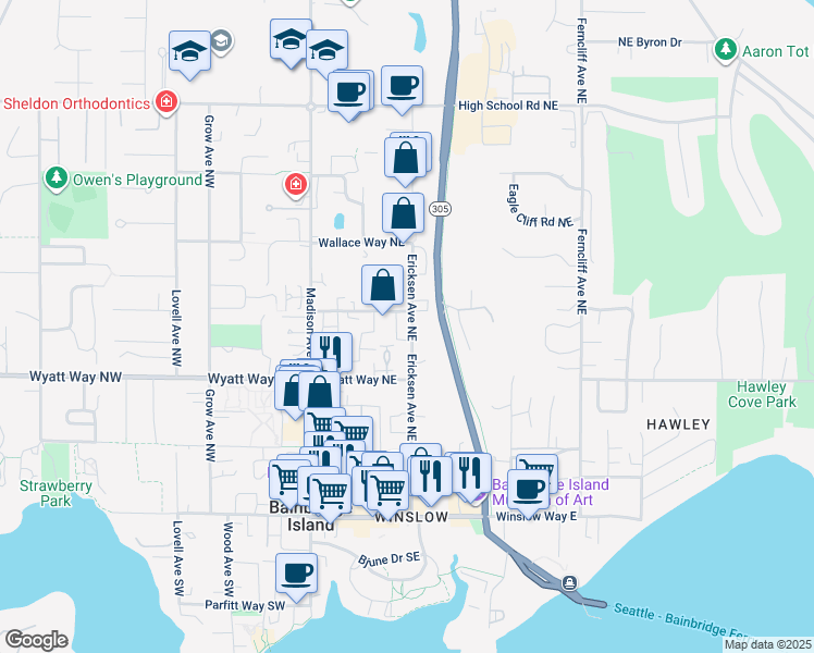 map of restaurants, bars, coffee shops, grocery stores, and more near 595 Ericksen Avenue Northeast in Bainbridge Island