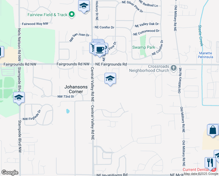 map of restaurants, bars, coffee shops, grocery stores, and more near 7420 Central Valley Road Northwest in Bremerton