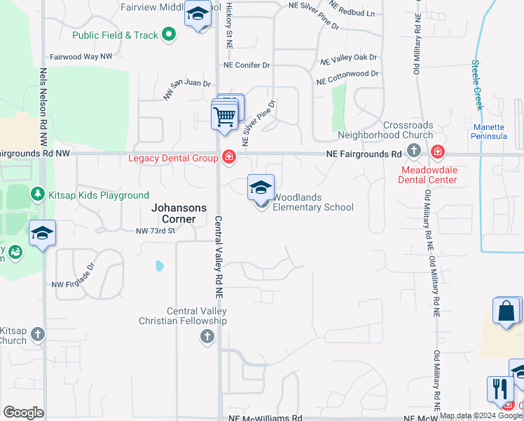 map of restaurants, bars, coffee shops, grocery stores, and more near 7420 Central Valley Road Northeast in Bremerton