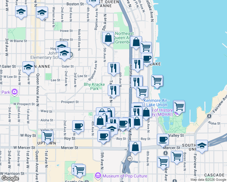 map of restaurants, bars, coffee shops, grocery stores, and more near in Seattle