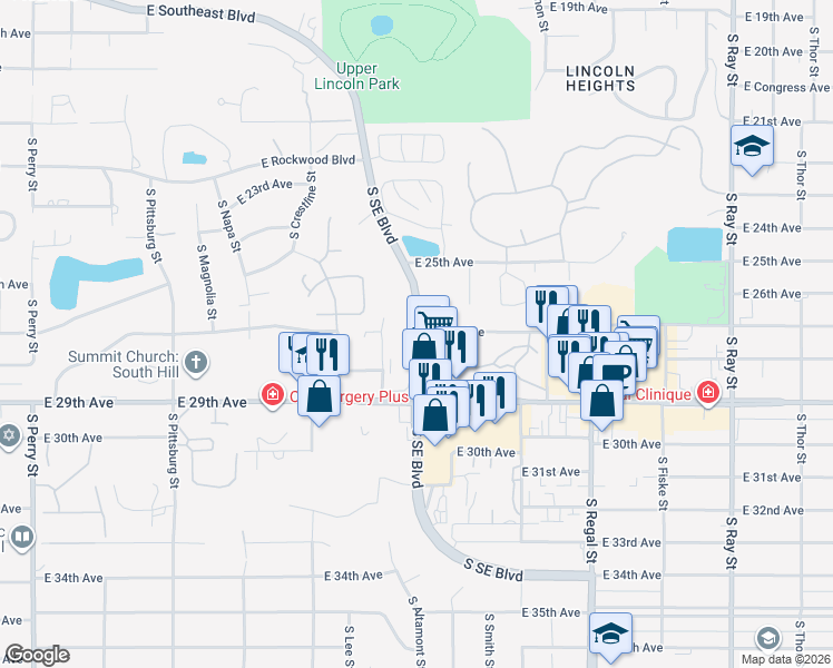 map of restaurants, bars, coffee shops, grocery stores, and more near 2509 East 29th Avenue in Spokane
