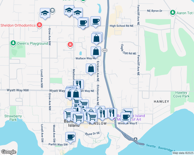 map of restaurants, bars, coffee shops, grocery stores, and more near 686 Wintersweet Road Northeast in Bainbridge Island