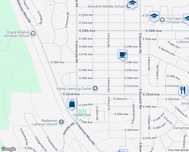 map of restaurants, bars, coffee shops, grocery stores, and more near 10910 East 30th Avenue in Spokane Valley