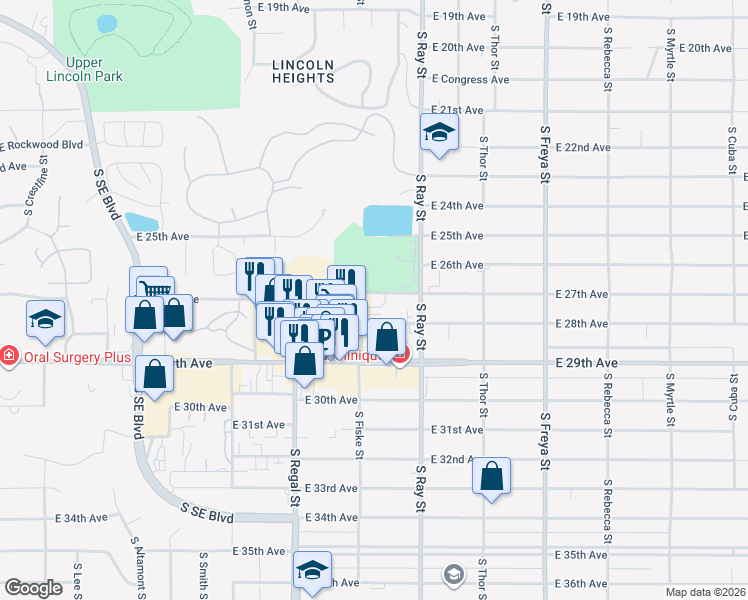 map of restaurants, bars, coffee shops, grocery stores, and more near 3133 East 28th Avenue in Spokane