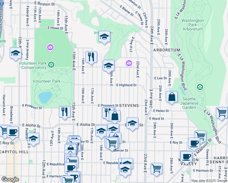 map of restaurants, bars, coffee shops, grocery stores, and more near 1126 19th Avenue East in Seattle