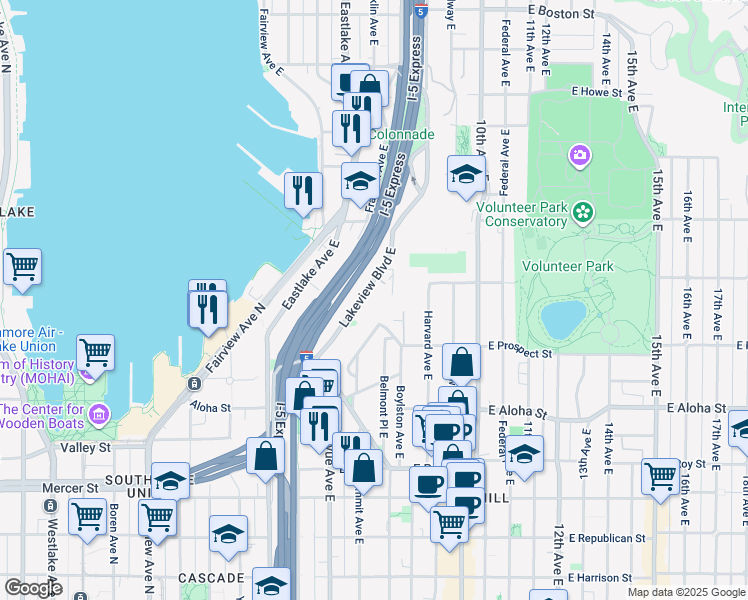 map of restaurants, bars, coffee shops, grocery stores, and more near 1110 Lakeview Boulevard East in Seattle