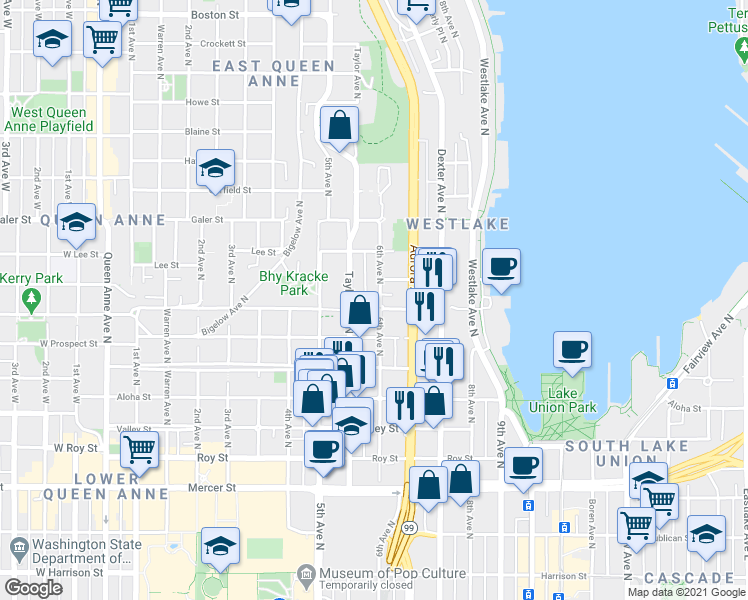 map of restaurants, bars, coffee shops, grocery stores, and more near 1120 6th Avenue North in Seattle