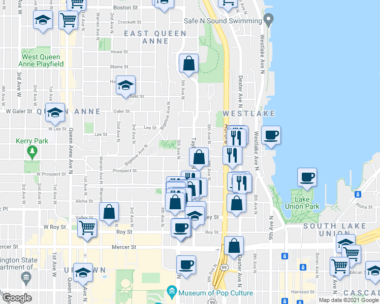 map of restaurants, bars, coffee shops, grocery stores, and more near in Seattle