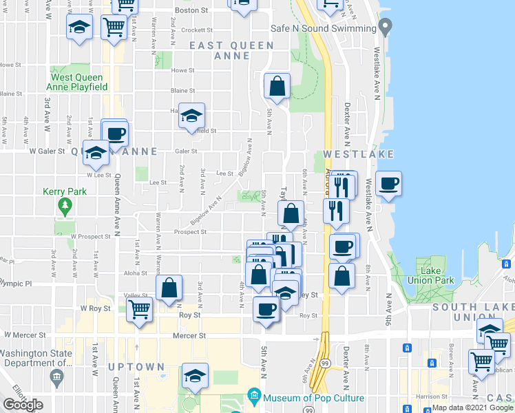 map of restaurants, bars, coffee shops, grocery stores, and more near in Seattle