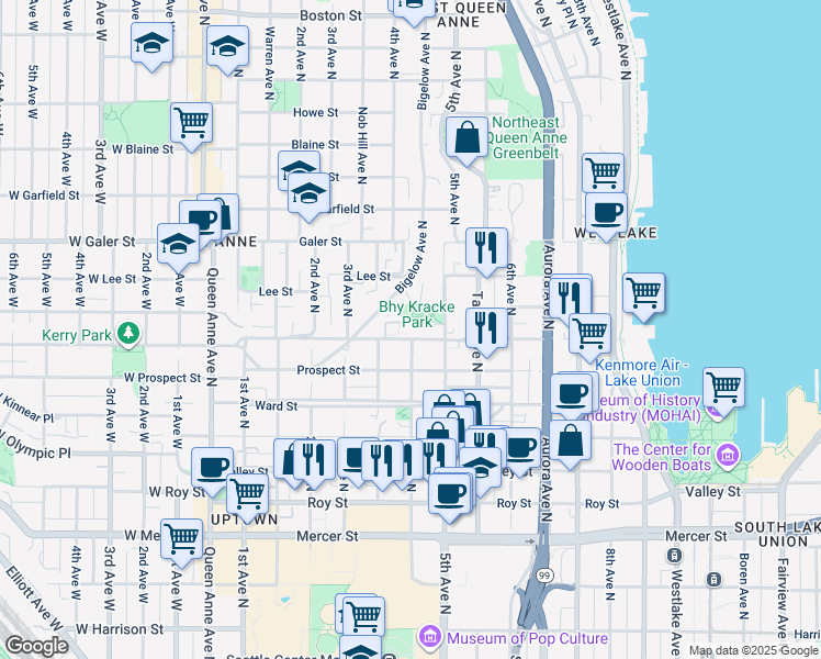 map of restaurants, bars, coffee shops, grocery stores, and more near 373 Highland Drive in Seattle
