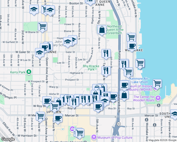 map of restaurants, bars, coffee shops, grocery stores, and more near 373 Highland Drive in Seattle
