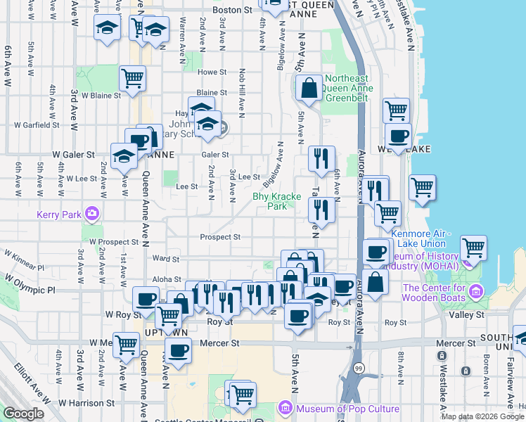 map of restaurants, bars, coffee shops, grocery stores, and more near 373 Highland Drive in Seattle
