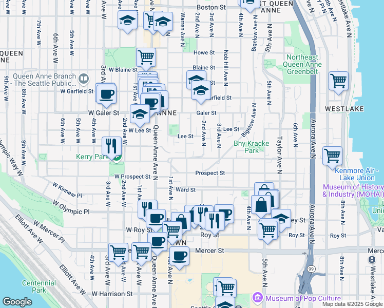 map of restaurants, bars, coffee shops, grocery stores, and more near 161 Highland Drive in Seattle