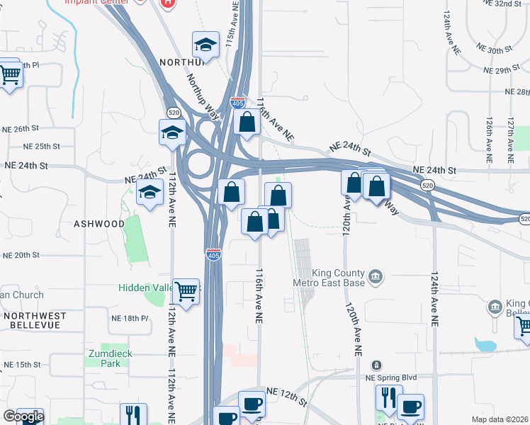 map of restaurants, bars, coffee shops, grocery stores, and more near 2188 116th Avenue Northeast in Bellevue