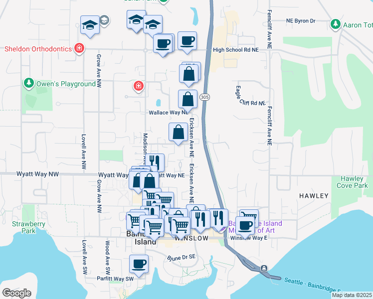 map of restaurants, bars, coffee shops, grocery stores, and more near 685 Wintersweet Road Northeast in Bainbridge Island