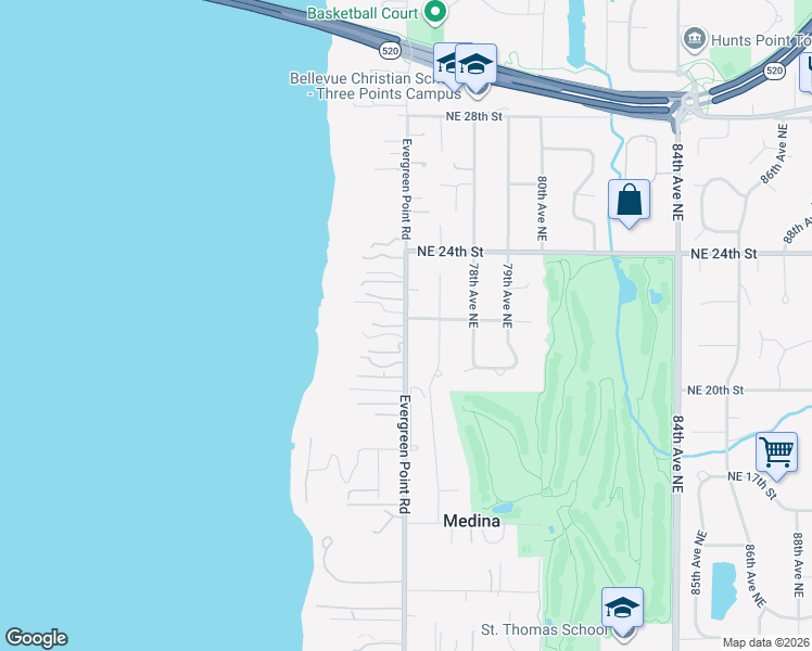 map of restaurants, bars, coffee shops, grocery stores, and more near Evergreen Point Road in Medina