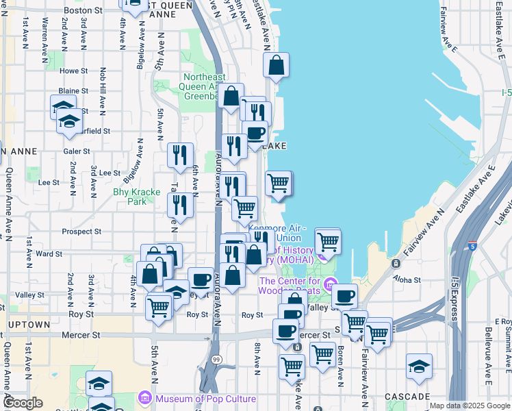 map of restaurants, bars, coffee shops, grocery stores, and more near 1111 Westlake Avenue North in Seattle
