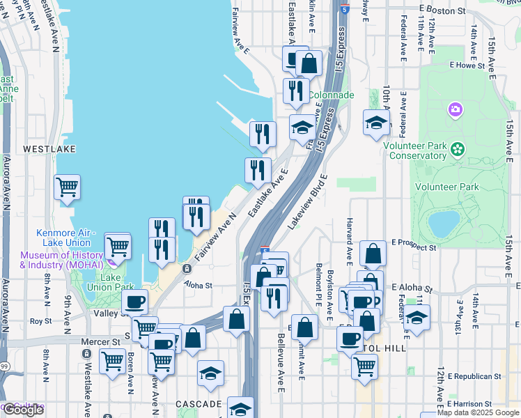 map of restaurants, bars, coffee shops, grocery stores, and more near 1150 Eastlake Avenue East in Seattle