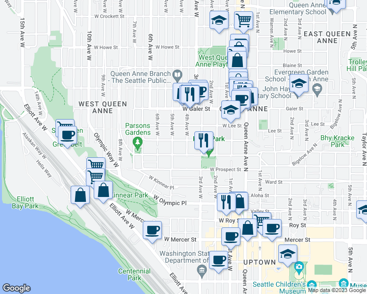 map of restaurants, bars, coffee shops, grocery stores, and more near 1213 4th Avenue West in Seattle