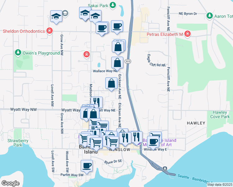 map of restaurants, bars, coffee shops, grocery stores, and more near 689 Wintersweet Road Northeast in Bainbridge Island