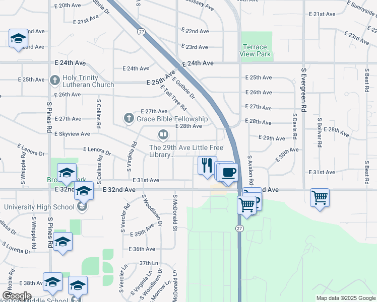 map of restaurants, bars, coffee shops, grocery stores, and more near 3020 South Clinton Road in Spokane Valley