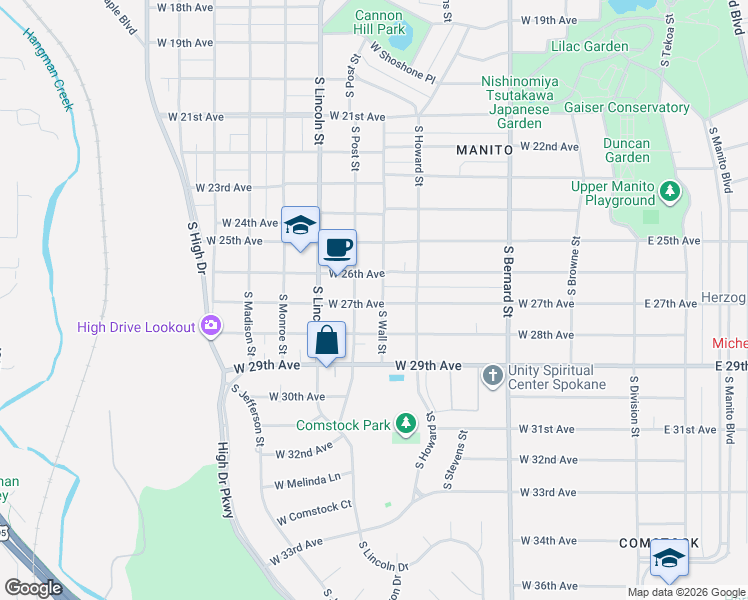 map of restaurants, bars, coffee shops, grocery stores, and more near 2717 South Post Street in Spokane