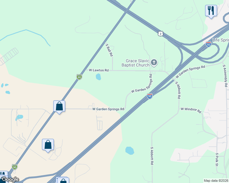 map of restaurants, bars, coffee shops, grocery stores, and more near 5704 West Garden Springs Road in Spokane