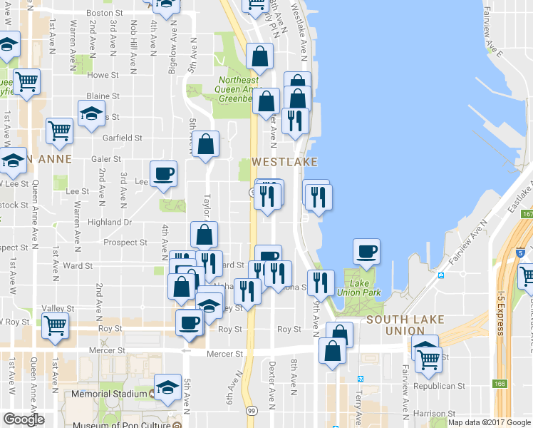 map of restaurants, bars, coffee shops, grocery stores, and more near 1100 Aurora Avenue North in Seattle