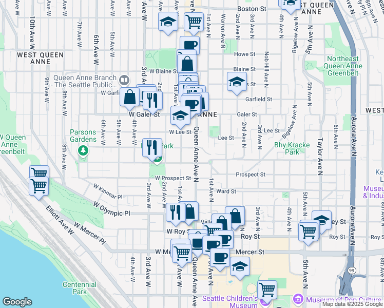 map of restaurants, bars, coffee shops, grocery stores, and more near in Seattle