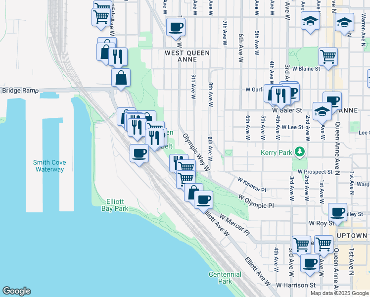 map of restaurants, bars, coffee shops, grocery stores, and more near 1125 9th Avenue West in Seattle
