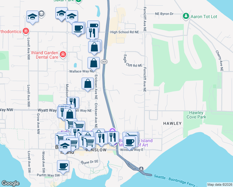 map of restaurants, bars, coffee shops, grocery stores, and more near 998 Northeast Vineyard Lane in Bainbridge Island