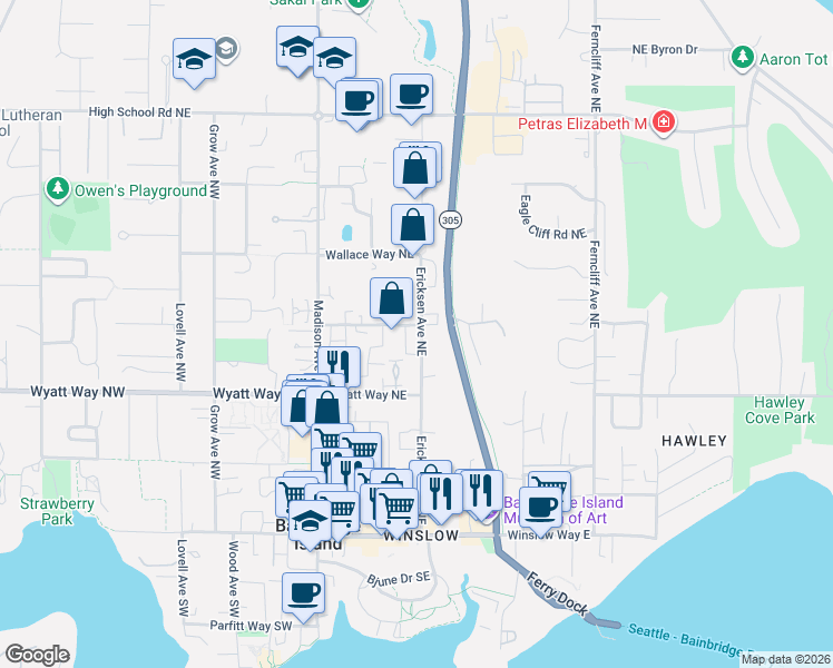 map of restaurants, bars, coffee shops, grocery stores, and more near 595 Ericksen Avenue Northeast in Bainbridge Island