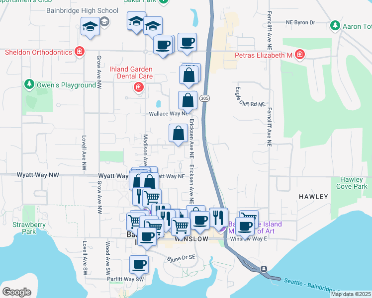 map of restaurants, bars, coffee shops, grocery stores, and more near 595 Ericksen Avenue Northeast in Bainbridge Island