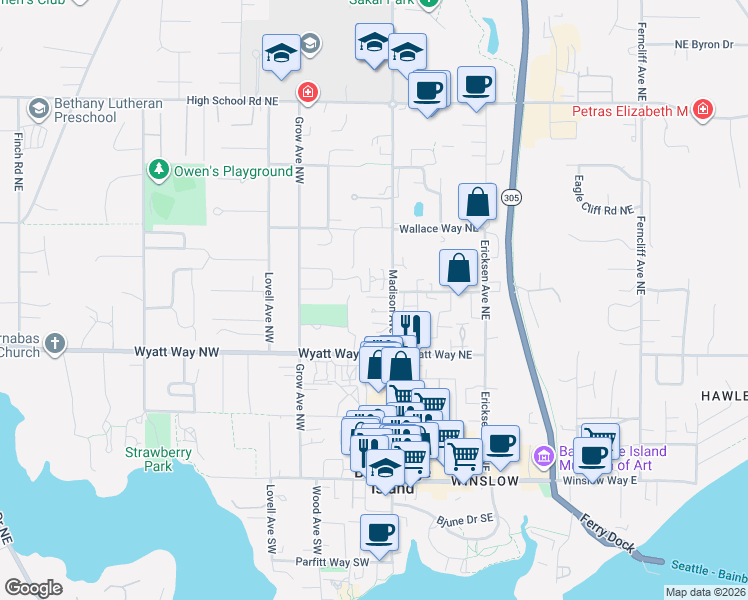 map of restaurants, bars, coffee shops, grocery stores, and more near 595 Madison Avenue North in Bainbridge Island