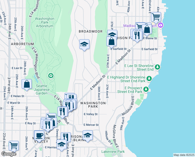 map of restaurants, bars, coffee shops, grocery stores, and more near 3455 East Madison Street in Seattle