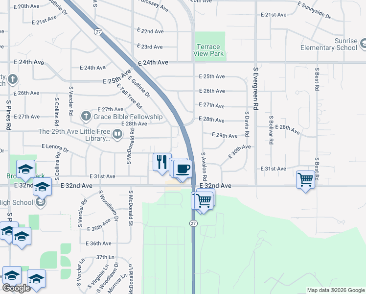 map of restaurants, bars, coffee shops, grocery stores, and more near 13424 East Skyview Avenue in Spokane Valley