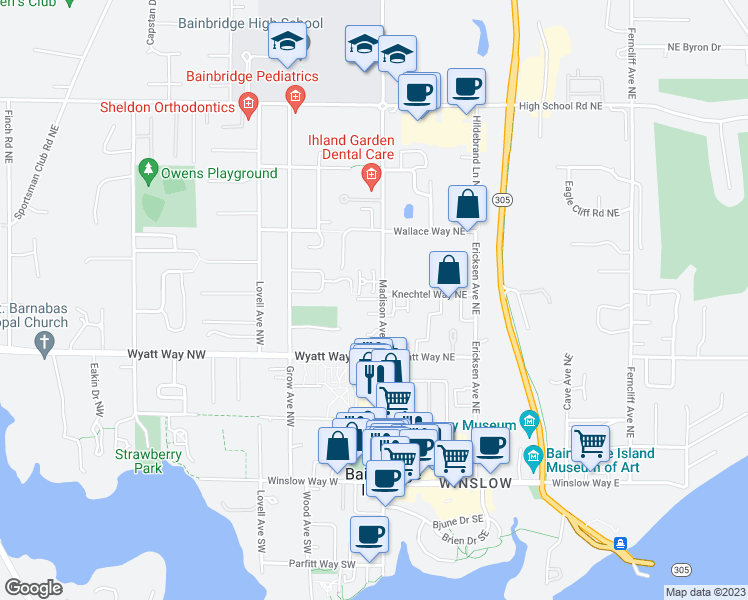 map of restaurants, bars, coffee shops, grocery stores, and more near 671 Madison Avenue North in Bainbridge Island