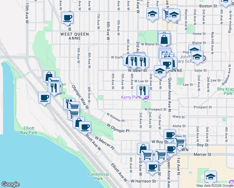 map of restaurants, bars, coffee shops, grocery stores, and more near 515 West Comstock Street in Seattle