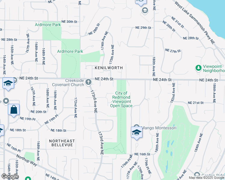 map of restaurants, bars, coffee shops, grocery stores, and more near 17512 Northeast 22nd Court in Redmond