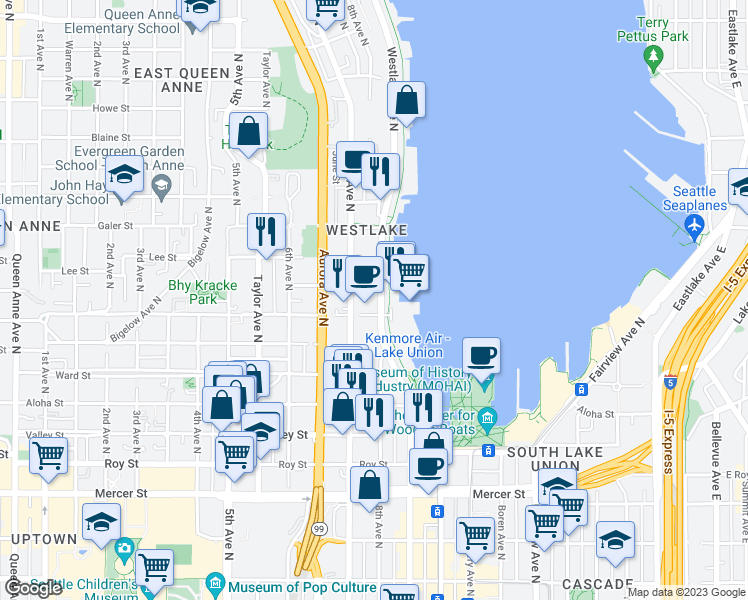 map of restaurants, bars, coffee shops, grocery stores, and more near 1111 Westlake Avenue North in Seattle