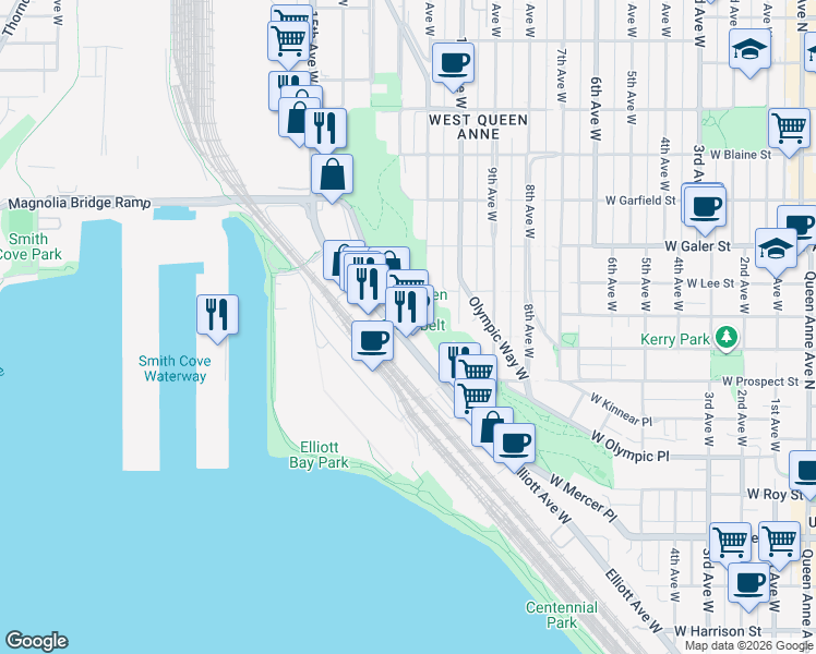 map of restaurants, bars, coffee shops, grocery stores, and more near 1123 Elliott Avenue West in Seattle