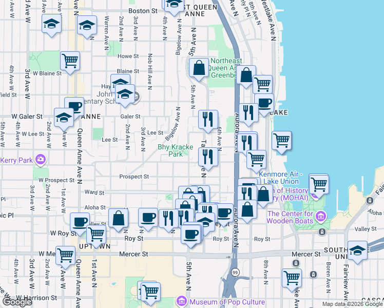 map of restaurants, bars, coffee shops, grocery stores, and more near 1212 5th Avenue North in Seattle