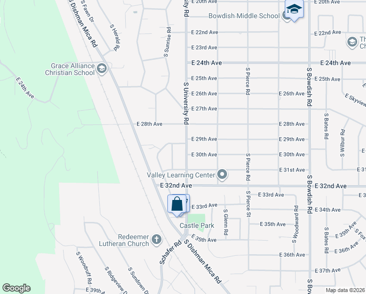 map of restaurants, bars, coffee shops, grocery stores, and more near 3005 South University Road in Spokane Valley