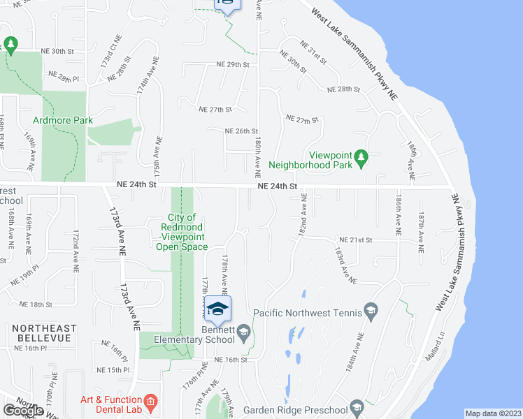 map of restaurants, bars, coffee shops, grocery stores, and more near 17940 Northeast 22nd Way in Redmond
