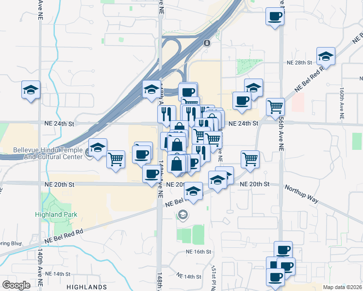 map of restaurants, bars, coffee shops, grocery stores, and more near 2200 148th Ave NE in Redmond