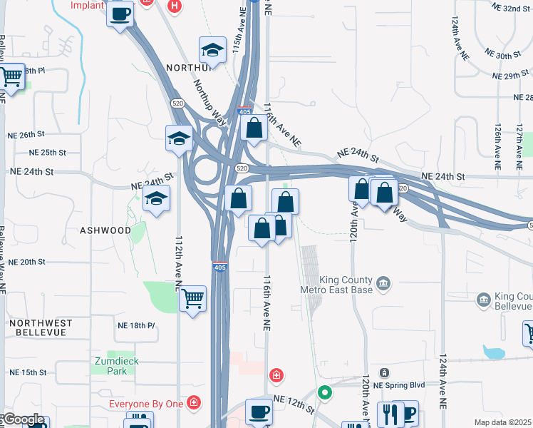 map of restaurants, bars, coffee shops, grocery stores, and more near 2110 116th Avenue Northeast in Bellevue