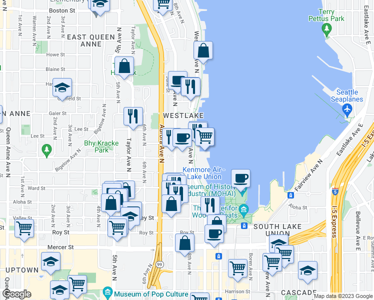 map of restaurants, bars, coffee shops, grocery stores, and more near 1111 Westlake Avenue North in Seattle