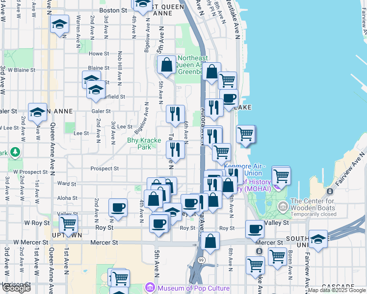 map of restaurants, bars, coffee shops, grocery stores, and more near 1120 6th Avenue North in Seattle